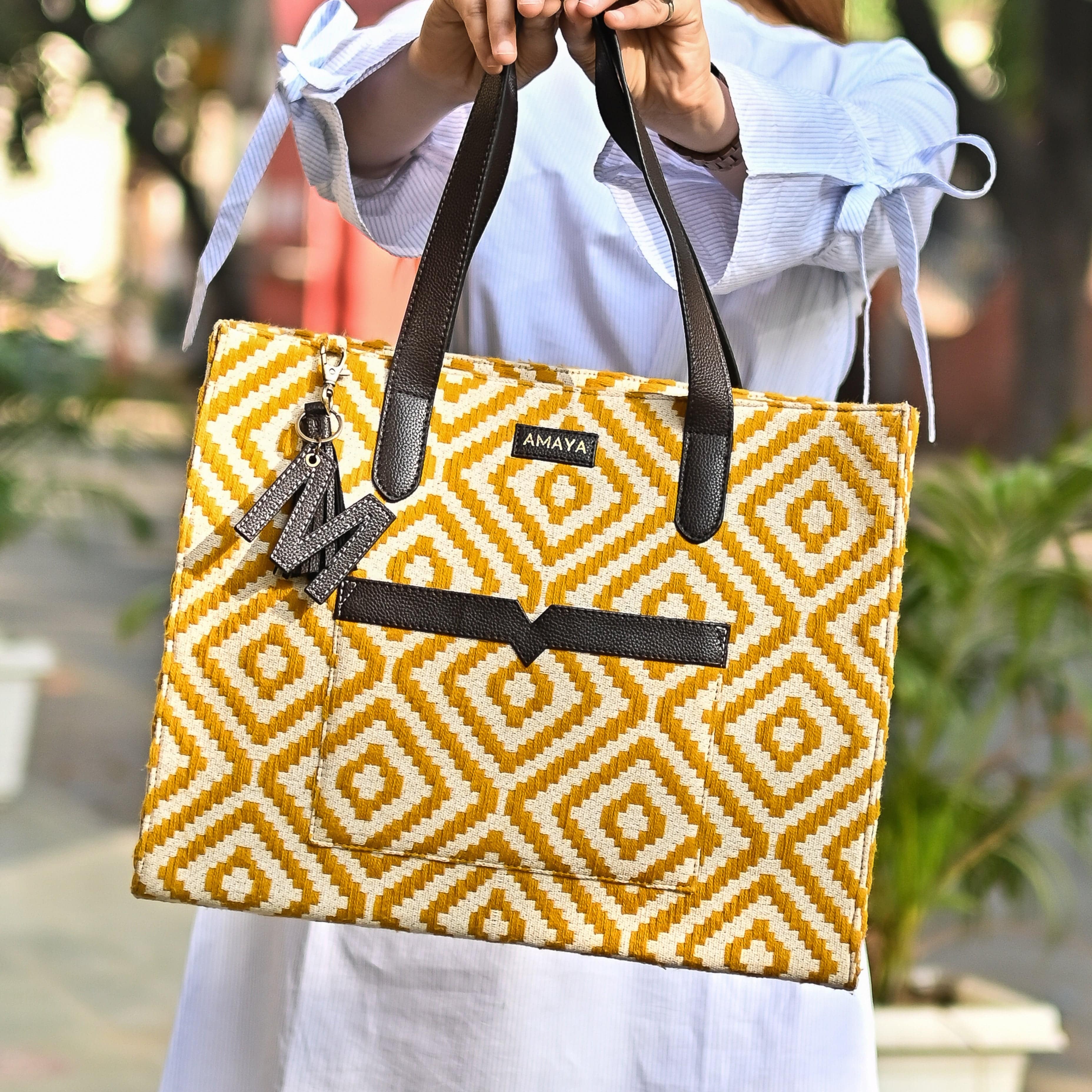 MUSTARD MELODY OFFICE TOTE BAG WITH SLING AMAYA LUXE